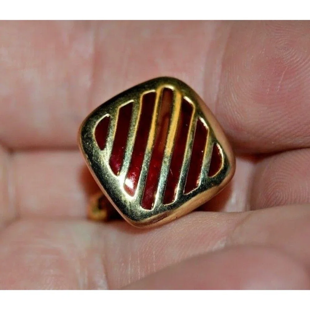 Vintage Brass with Red Accents 1960s Classic Men's Cuff Links & Tie Bar Set Rare